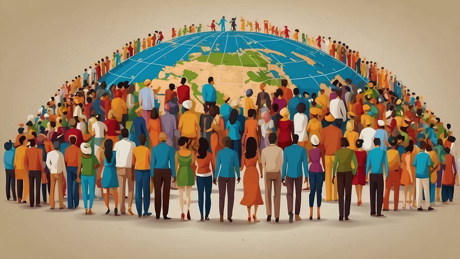 colorful drawing of a diverse crowd of people facing and circling the globe