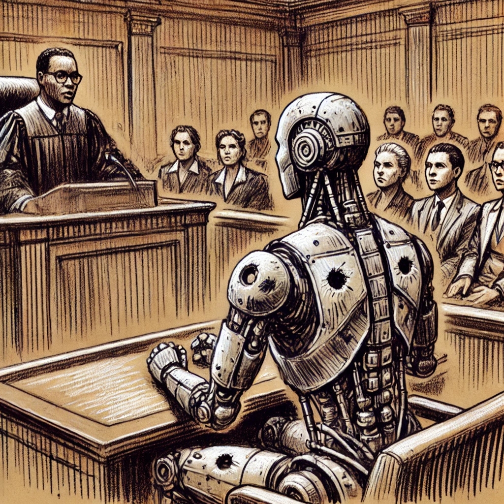 drawing of an autonomous being (robot) sitting in a courtroom, facing a judge and panel of jurists